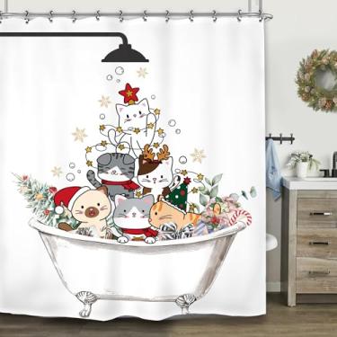 Imagem de Yookeb Cortina de chuveiro engraçada para banheiro de gato de Natal 152 cm por 188 cm Linda criança adorável tecido de poliéster para Natal e feriado 12 ganchos de plástico à prova d'água para