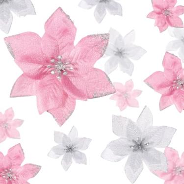 Imagem de WILLBOND 24 peças, 3 tamanhos, flores de poinsétia com glitter, casamento, flores falsas, enfeites de decoração de Natal para árvore ao ar livre (8,2/10/15 cm, rosa e prata)