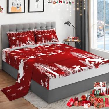 Imagem de WeCozy Jogo de lençol casal de Natal com 4 peças, bolso profundo de 35,5 cm, campo vermelho e neve, para crianças e adultos, roupa de cama Merry Farmhouse Elk com 2 fronhas para decoração de quarto