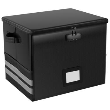 Imagem de ZJRDYYK Caixa de armazenamento de discos de vinil com fechadura, 43 x 33 x 33 cm, à prova de fogo e à prova de água, caixa de armazenamento dobrável com tampa e alças para álbum de disco de vinil LP