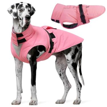 Imagem de OUOBOB Casaco para cães extragrande, jaqueta de inverno quente para cães, roupa de neve impermeável para cães com coleira alta dobrável, tiras refletivas, fecho de ajustável - ideal para clima frio