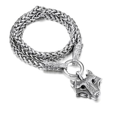 Imagem de FaithHeart Colar masculino viking nórdico punk corrente grossa, aço inoxidável Mjolnir/nó celta pingente cabeça de lobo embalagem de presente, Aço inoxidável, Zircônia cúbica,