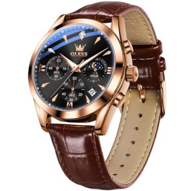 Imagem de OLEVS Relógios masculinos com pulseira de couro, relógio analógico de quartzo, moderno, mostrador grande, data, relógio à prova d'água, vestido luxuoso, luminoso, masculino, Marrom, rosa, preto, round