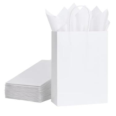 Imagem de SUNCOLOR Pacote com 24 sacos de presente brancos com alças – Sacos de presente de 20 cm com 24 papéis brancos para lembrancinhas de festa, casamentos, chás de bebê, aniversários e todas as ocasiões