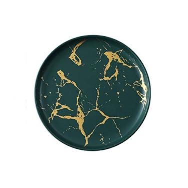 Imagem de Prato de serviço prato de aperitivo de cerâmica de 20 cm, prato de jantar redondo com textura de mármore, pratos clássicos de servir de pizza para bife (cor: verde, tamanho: pacote com 2)
