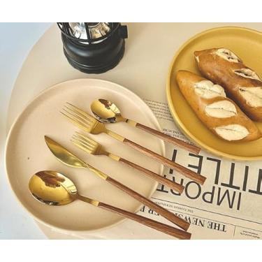 Imagem de Conjunto de talheres dourados para 8 talheres de aço inoxidável premium, conjunto de talheres de grão de madeira, conjunto de utensílios de mesa, inclui facas, garfos e colheres para casa, cozinha