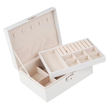 Imagem de Porta Joias Grande Duplo Caixa Colar Bijuteria Portatil Aneis Pulseira com Chave (Branco)