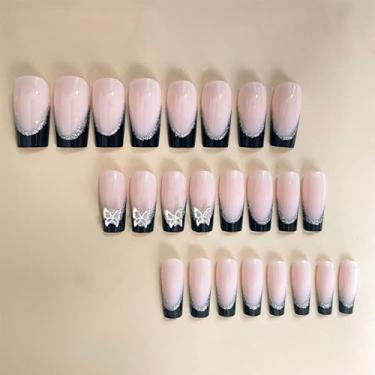 Imagem de 24 peças de unhas postiças decorativas 3D retangulares pretas francesas, 1 lixa de unha e 1 kit de adesivo de cola de unha, adequado para mães, presentes femininos e suprimentos de unhas, adequado