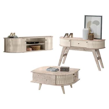 Imagem de Rack Bancada Suspensa Modena Com Aparador Estoril E Mesa De Centro Indianápolis Calacata Off White – Madetec