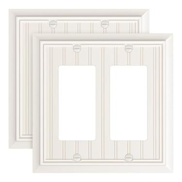 Imagem de Pacote com 2 placas decorativas clássicas de parede de fibra de bambu natural amêndoa clara para tomadas elétricas, receptáculos, tomadas GFCI, interruptor regulador, 2 gangs