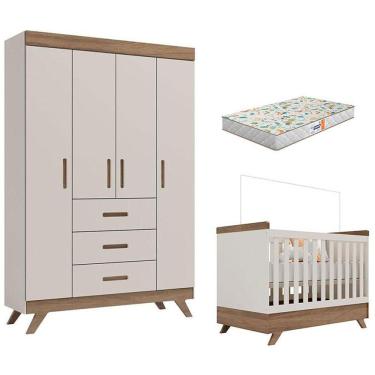 Imagem de Berço Americano Vitória E Guarda Roupa Infantil Retrô Maya Off White Carvalho Com Colchão Gazin - Carolina