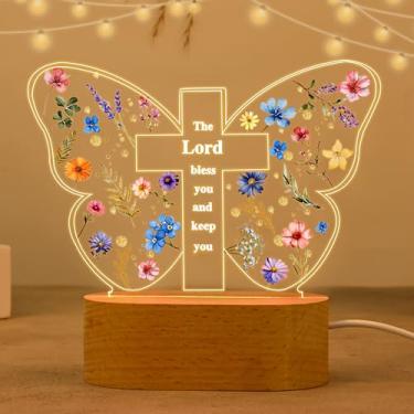 Imagem de COOWIND Presente de batismo para meninos e meninas, presentes de chá de bebê, presente de luz noturna com cruz de borboleta para batismo, afilhado, primeira comunhão, confirmação, Páscoa, Natal |