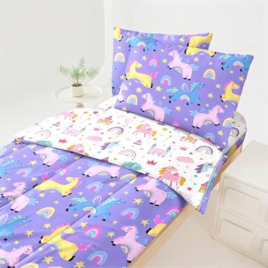 Imagem de Dearller Jogo de cama solteiro com zíper, unicórnio, roxo, para meninas, edredom solteiro, tudo em um, roupa de cama com zíper