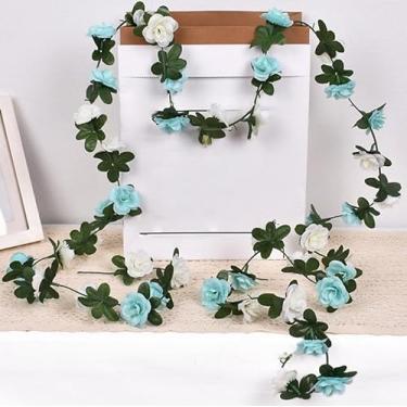 Imagem de Flores artificiais - flor de seda com hastes rosa azul arranjos florais falsos para casa de banho escritório mesa centro de mesa prateleira decoração de casamento