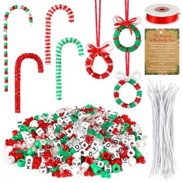 Imagem de DTOFOOT Kit de artesanato com 1625 peças de significado de Natal da bengala doce, artesanato de bengala doce de contas DIY inclui 1500 contas de plástico, 100 hastes de chenille, 24 cartões, 1 fita