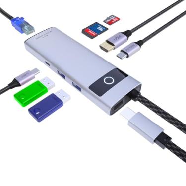 Imagem de DiamondTiger Hub USB C 8 em 1, adaptador HDMI 4K 30Hz, estação de ancoragem USB-C com PD de 100 W, leitor de cartão TF/MicroSD, USB-A 2.0, 3.0, portas tipo C 3.0, RJ45 de 100 m para MacBook Pro/Air