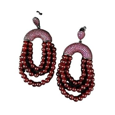 Imagem de Brincos redondos naturais de 4 mm com franja de granada vermelha CZ pavê de luxo para mulheres