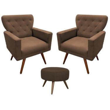 Imagem de Kit 2 Poltronas Decorativa Aurora + 1 Puff Redondo Suede Marrom Pés Ma