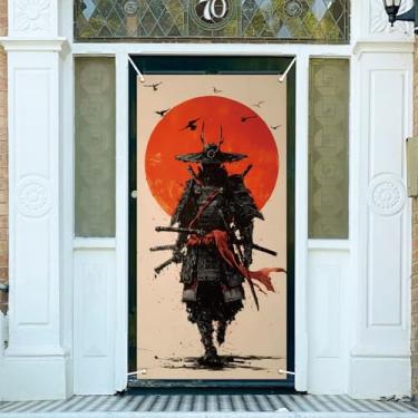 Imagem de arricraft 1 pç capa de porta de poliéster samurai sol vermelho, 185 cm x 90 cm samurai segurando espada pano de fundo banner porta varanda fotografia fundo para festa varanda acessórios de decoração