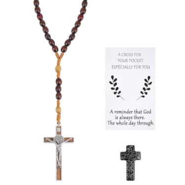 Imagem de FREEBLOSS Colar de contas de rosário de madeira com pingente de cruz colar de contas de rosário de madeira presentes de oração católica com cartões de bênção