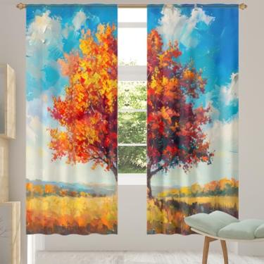 Imagem de 2 conjuntos de painéis de cortinas transparentes com pintura de céu de árvore de outono, cortinas transparentes arejadas com filtro leve, painéis de cortina de porta e janela para sala de estar