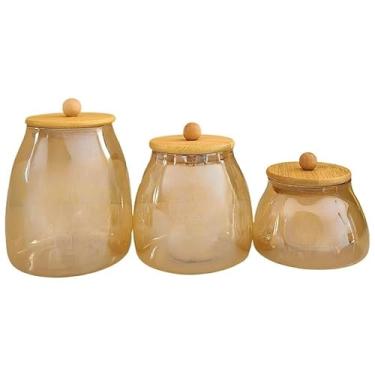 Imagem de Kit 3 Potes Porta Mantimento de vidro ÂMBAR CRISTAL LISO Luxo PMG com Opção de Bandeja(ÂMBAR BOLINHA)