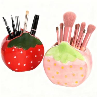 Imagem de Okllen Conjunto de 2 porta-canetas de cerâmica de morango, organizador de pincéis de maquiagem e escova de dentes Kawaii, para mesa, decoração fofa para escritório, casa, presente para mulheres e