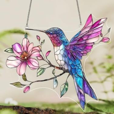 Imagem de Ornamento de acrílico manchado de pássaro de cristal (20 cm) - Apanhador de sol de dupla face, decoração suspensa de acrílico cristalino para janela/jardim/interior (1 pássaro 1 flor)