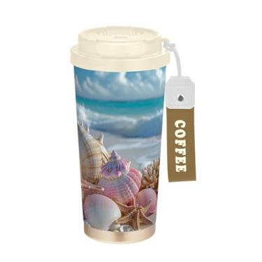 Imagem de SEHANY Caneca de viagem Summer Sea Beach Starfish 482 g Copos de café reutilizáveis revestidos de cerâmica com tampa à prova de vazamento, parede dupla, isolamento a vácuo, copo de café de aço
