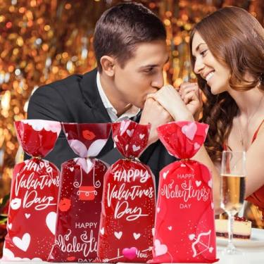 Imagem de 25 unidades de sacos de doces de celofane para Dia dos Namorados com laços torcidos, desenhos de coração de amor e beijos sacos de guloseimas transparentes para crianças, presentes românticos