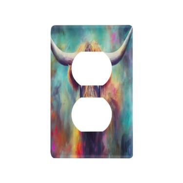 Imagem de Blueangle Placa de parede colorida Highland Cow Duplex Outlets, tamanho padrão, placas de cobertura de tomada elétrica de 1 gangue para decoração de quarto de escritório em casa, 4,53 x 2,76 polegadas