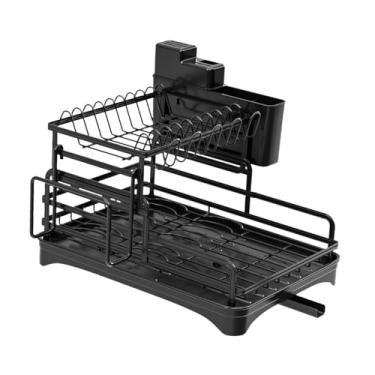 Imagem de Bothyi Escorredor de pratos de 2 níveis, cesto de drenagem prático com tubo de drenagem retrátil, escorredor de pia, organizador de escorredor de pratos para, Preto