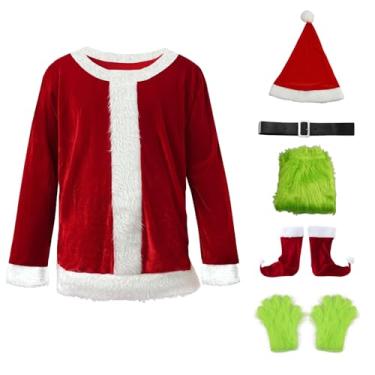 Imagem de Modshliving Fantasia masculina de luxo verde peludo de Natal adulto vermelho Papai Noel cosplay roupas de Halloween com máscara para mulheres (verde, GG)