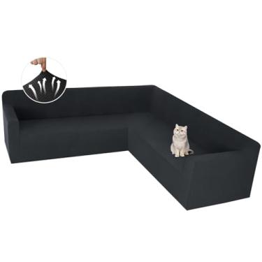 Imagem de ALIECOM Capas de sofá seccionais de canto elástico em forma de L, capas seccionais laváveis, em formato de U, jacquard, sala de estar, cães, protetor de móveis com fundo elástico (preto escuro, meio)