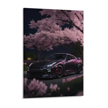 Imagem de HouLaiZhe Flor de cerejeira carro R35 noite Jdm cartazes de carro tela estética decoração de sala de parede impressões galeria sala decoração de parede para quarto sala de estar escritório 18 x 24