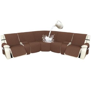 Imagem de Arfntevss Capas para sofá reclináveis 1OO% à prova d'água, em forma de L, capa de sofá reclinável em forma de L, protetor de canto lavável para cães (5 lugares com 2 consolas, café)