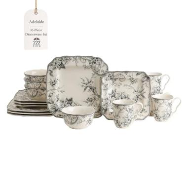 Imagem de 222 Fifth Adelaide Conjunto de louça floral quadrada de 16 peças – Serviço para 4, pratos e tigelas de porcelana cinza e branca, para jantar e entretenimento diário, seguro para micro-ondas e