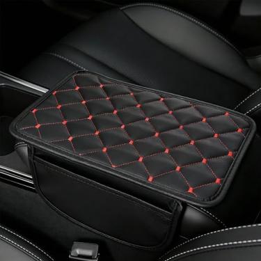 Imagem de Capa de apoio de braço de carro, protetor de console central de couro acolchoado antiderrapante com bolsos laterais de armazenamento (16 cm x 30 cm) – Acessório interior de carro universal para