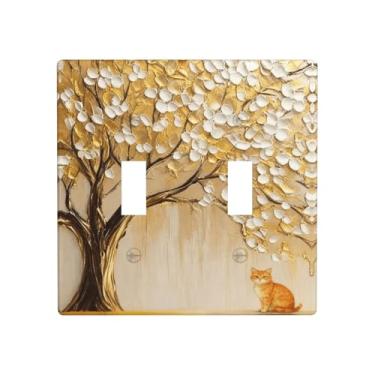 Imagem de Capa de interruptor de luz de estilo de arte decorativa, padrão de árvore de folha dourada, placa de parede dupla de 2 faixas, placa elétrica decorativa para decoração de casa