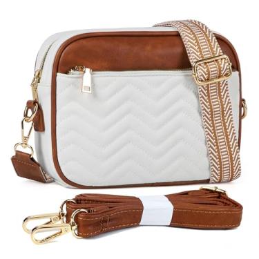 Imagem de VODIU Bolsa tiracolo pequena para mulheres, bolsa de ombro de couro genuíno com alça de violão, bolsa moderna e bolsas de mão, Branco, marrom