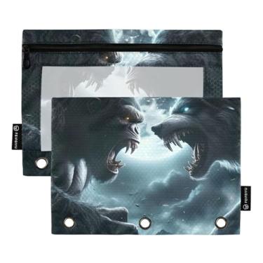 Imagem de Lobo macaco gigante monstro 3 anéis fichário bolsa lápis zíper pasta lápis lápis tecido fichário escolar bolsos transparentes trabalho 25 cm x 18 cm, 2 pacotes