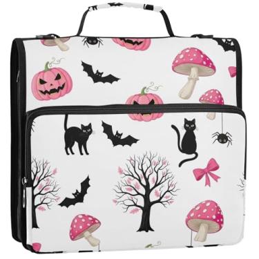 Imagem de 3 fichários rosa para Dia das Bruxas, anel D, organizador de fichários escolares com alça de ombro, suporte para 500 lençóis, 34,5 x 31,5 x 9 cm