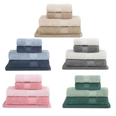 Imagem de Jogo de Toalhas de Banho Fio Penteado Canelado 5 Peças 100% Algodão Alta Absorção Banho Rosto e Piso (Verde/escuro)