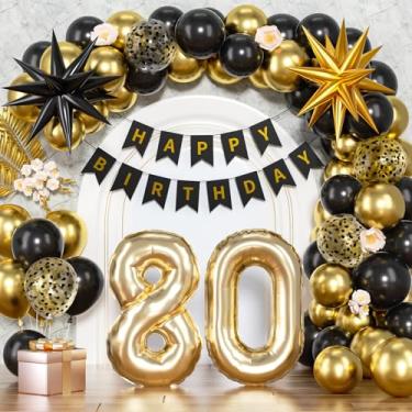 Imagem de 54 peças de decorações de aniversário de 80 anos para homens e mulheres, balão preto e dourado, grande número 80, decorações de festa temáticas de balões de estrela com faixa de feliz aniversário de