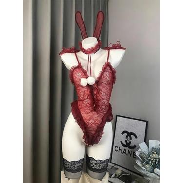 Imagem de Lingerie sexy de coelhinho cosplay roupa de empregada inteiriça body de pelúcia, Vermelho, One Size