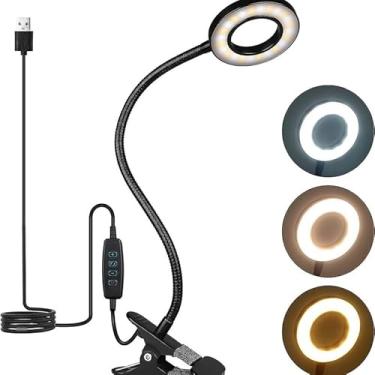 Imagem de Lâmpada de mesa LED USB 5V1A clipe redondo três cores temperatura 10 níveis regulável pescoço de ganso flexível para leitura, maquiagem, iluminação de estudo de cabeceira, 1 peça