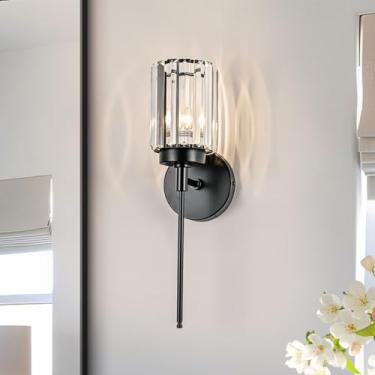 Imagem de HUOKU Arandela Preta Simples, Luminária De Cristal Moderna Para Penteadeira Com Cúpula De Cristal, Luminária De Parede Com 1 Luz Para Banheiro, Quarto, Espelho, Sala De Estar, Corredor