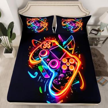 Imagem de Erosebridal Jogo de cama solteiro moderno, com console de videogame, controle de videogame, lençol geométrico, preto e laranja