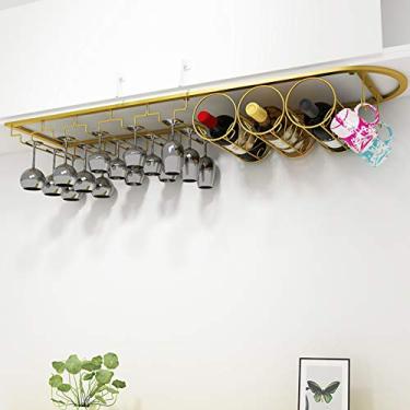 Imagem de Prateleira para copos de vinho e suporte de garrafa, suporte de copos de vinho pendurado sob o armário, rack de vinho de ferro moderno (ouro/branco/preto/bronze) (branco 96 × 23 cm/38 × 9 polegadas)