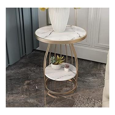 Imagem de Mesa lateral redonda mesa de sofá de mármore pequena mesa de canto de 2 camadas com prateleira de armazenamento aberta com moldura de metal dourado (cor: ouro 1) (ouro 1)